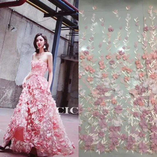 Tecidos de renda bordada à mão em organza com apliques de flores 3D para tecidos de noiva e roupas da moda