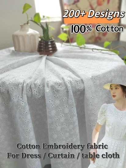 (200+ designs em estoque) Material vazado tecido bordado de renda voile de algodão personalizado para vestido feminino/cortina/pano de mesa