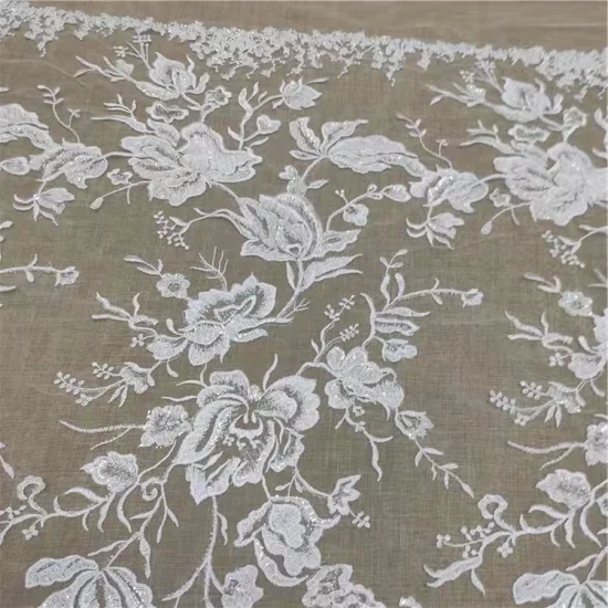Belo tecido bordado de renda flor 3D tecido de renda bordado com contas de noiva para casamento/festa